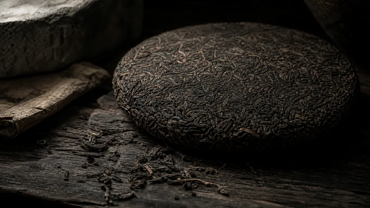 dark atmospheric editorial tea photograph, compressed pu-erh tea cake with rough textured surface resting on aged dark w