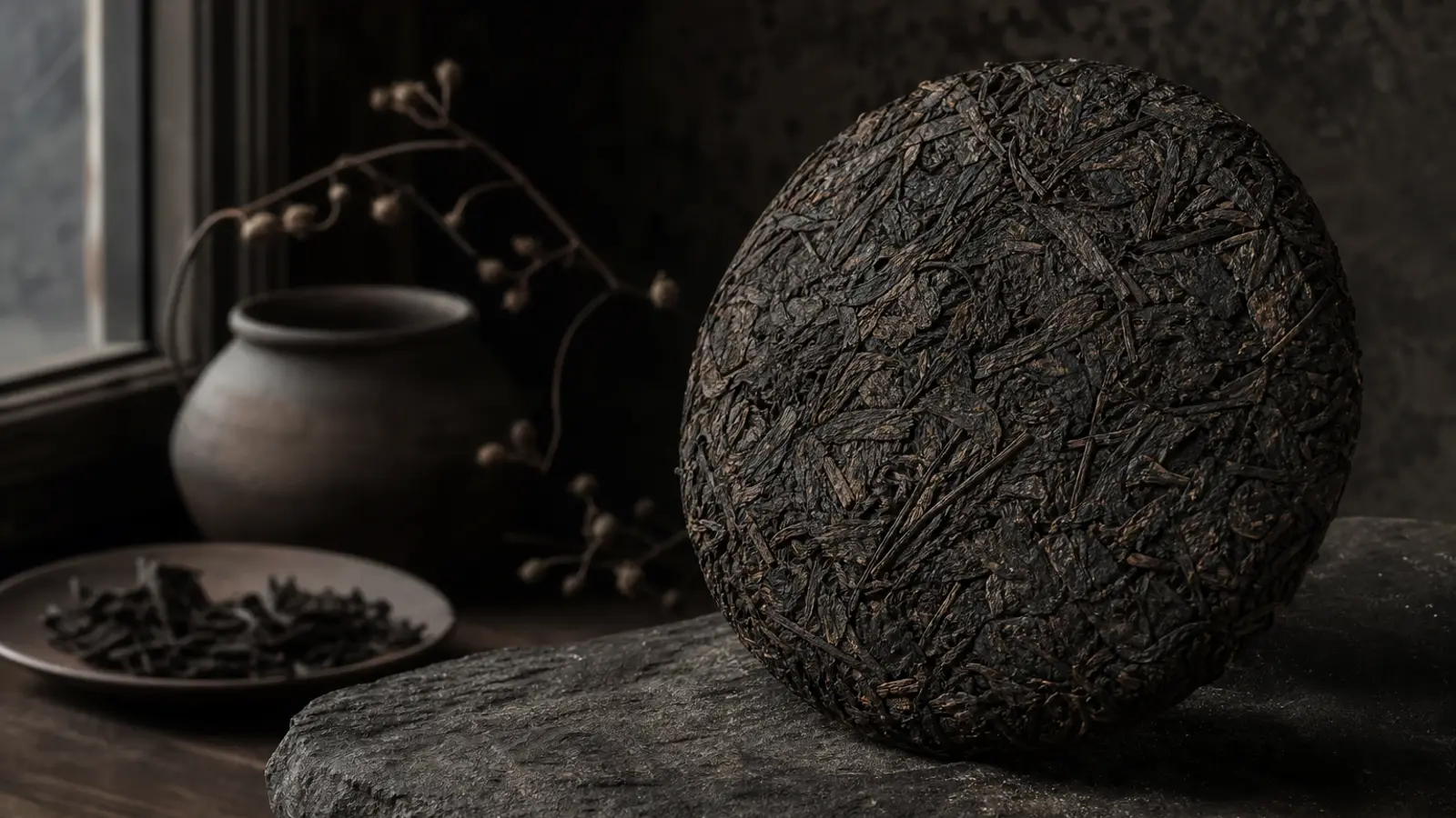 Dark compressed Lao Man'e pu-erh tea cake with large leaves and stems on stone, dramatic side lighting highlighting texture.