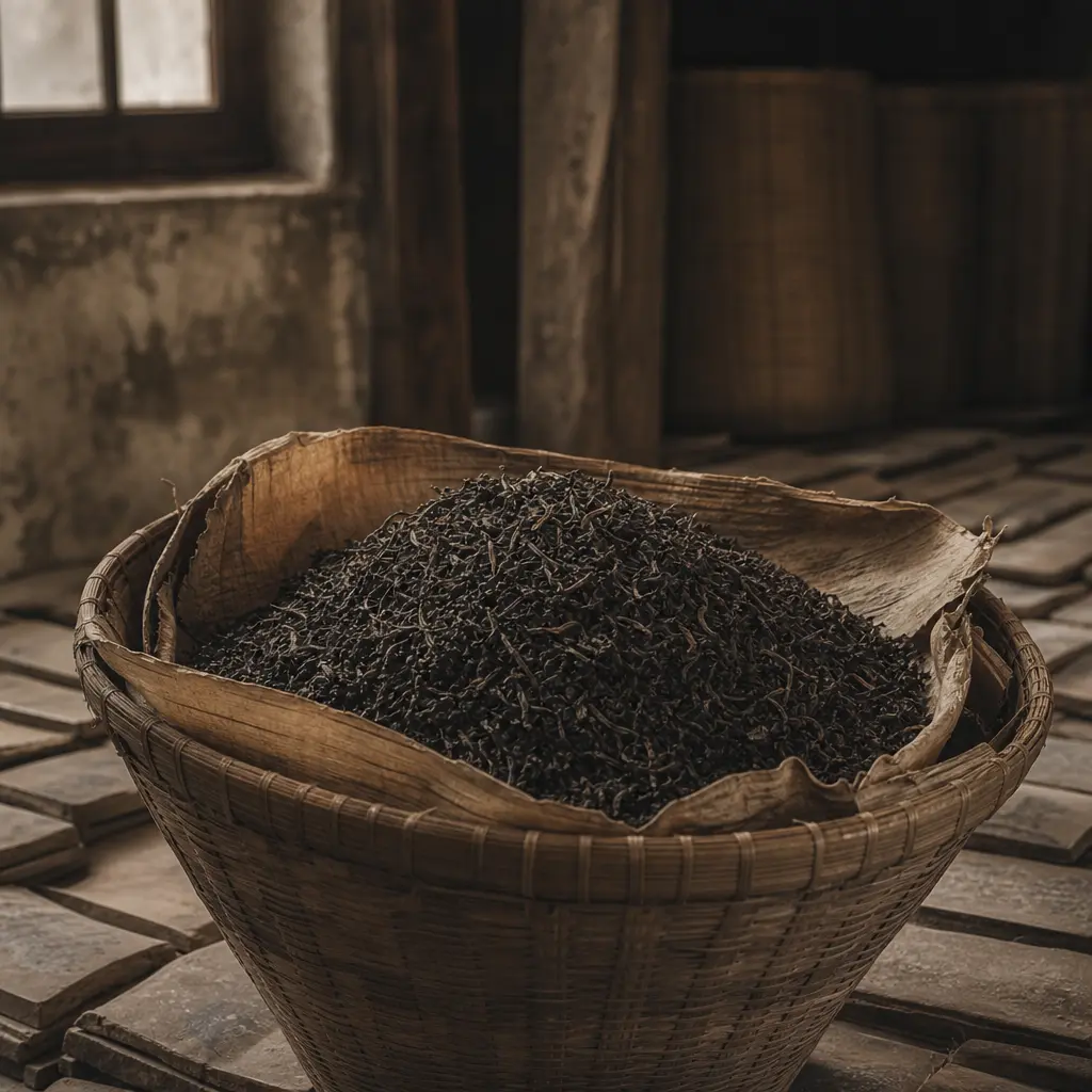 Traditional conical bamboo basket holding aged Liu Bao dark tea, lined with dried bamboo leaves, resting on weathered ceramic tiles