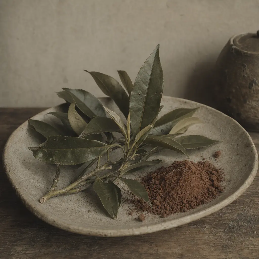 Guangxi medium-leaf tea cultivar branches resting beside reddish lateritic soil on an aged ceramic surface, illustrating regional terroir