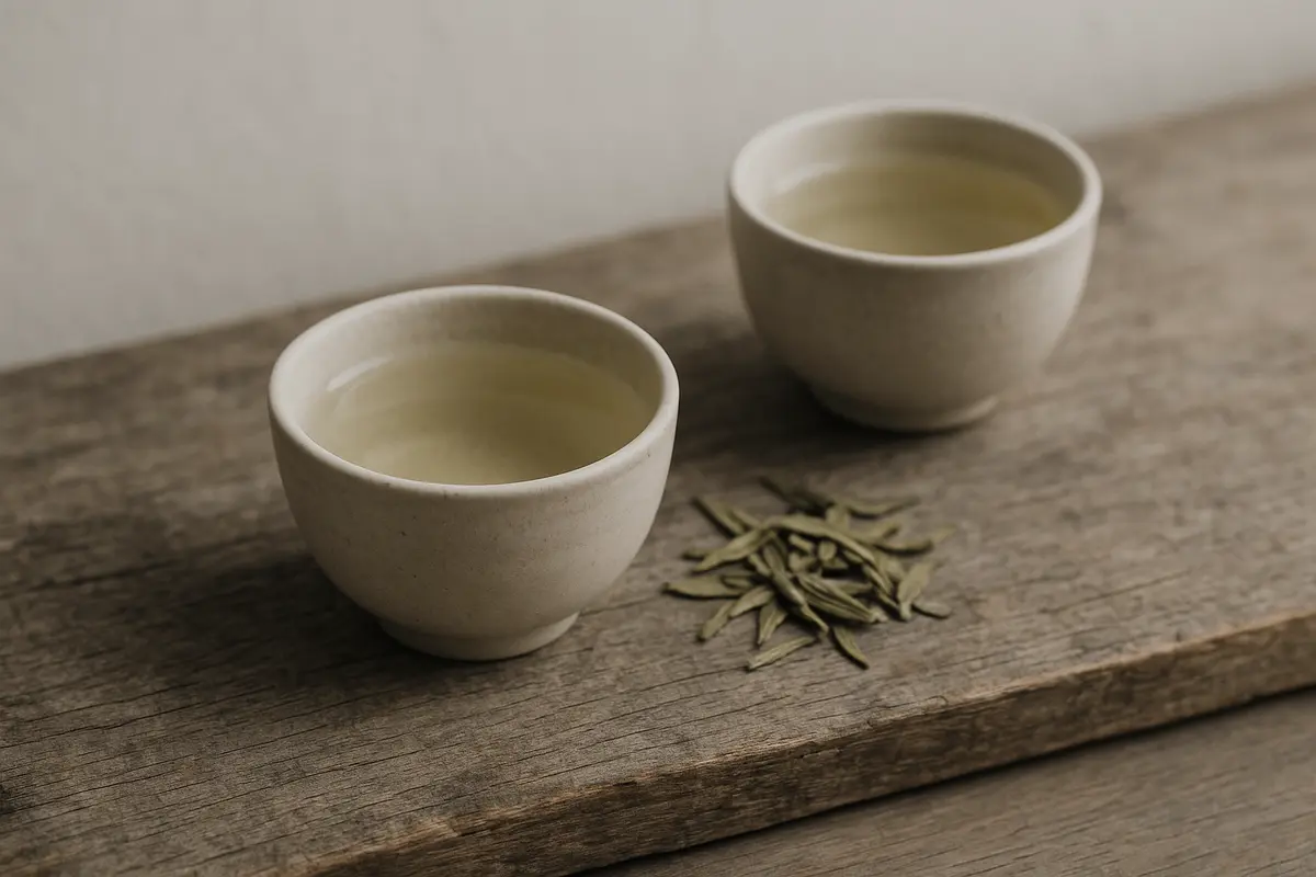 An elegant glass gaiwan filled with pale golden-green Longjing tea, flat jade-green tea leaves gently unfurling