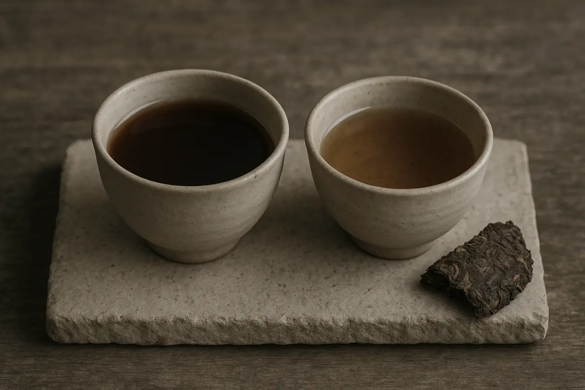 Two small rustic ceramic tea bowls side by side on a pale wooden surface, one containing bright golden-amber brewed tea