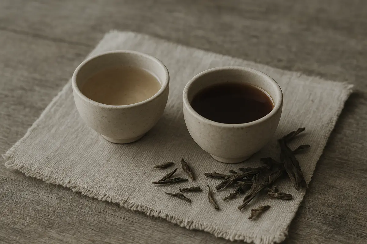 A close-up editorial flat lay of a small clay gaiwan and several tiny glazed tasting cups arranged in a gentle arc