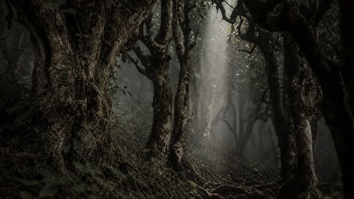 Dark atmospheric editorial photograph of ancient gushu tea trees growing in a dense misty forest, massive gnarled trunks