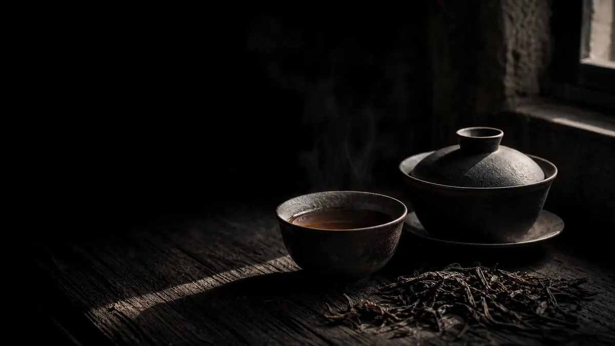 Dark atmospheric editorial photograph of a small dark ceramic gaiwan and a aged clay teacup filled with deep amber gushu