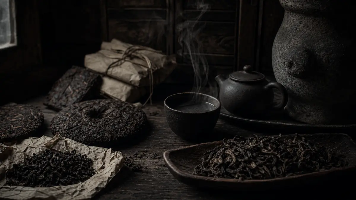 Dark atmospheric editorial tea photograph, multiple aged loose-leaf teas and compressed tea cakes arranged on weathered 