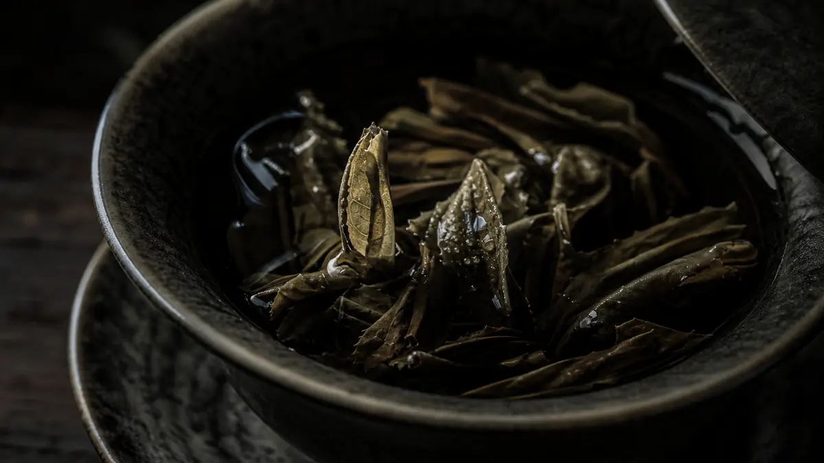 Dark atmospheric editorial tea photograph, extreme close-up of wet unfurling tea leaves resting inside a dark glazed cer