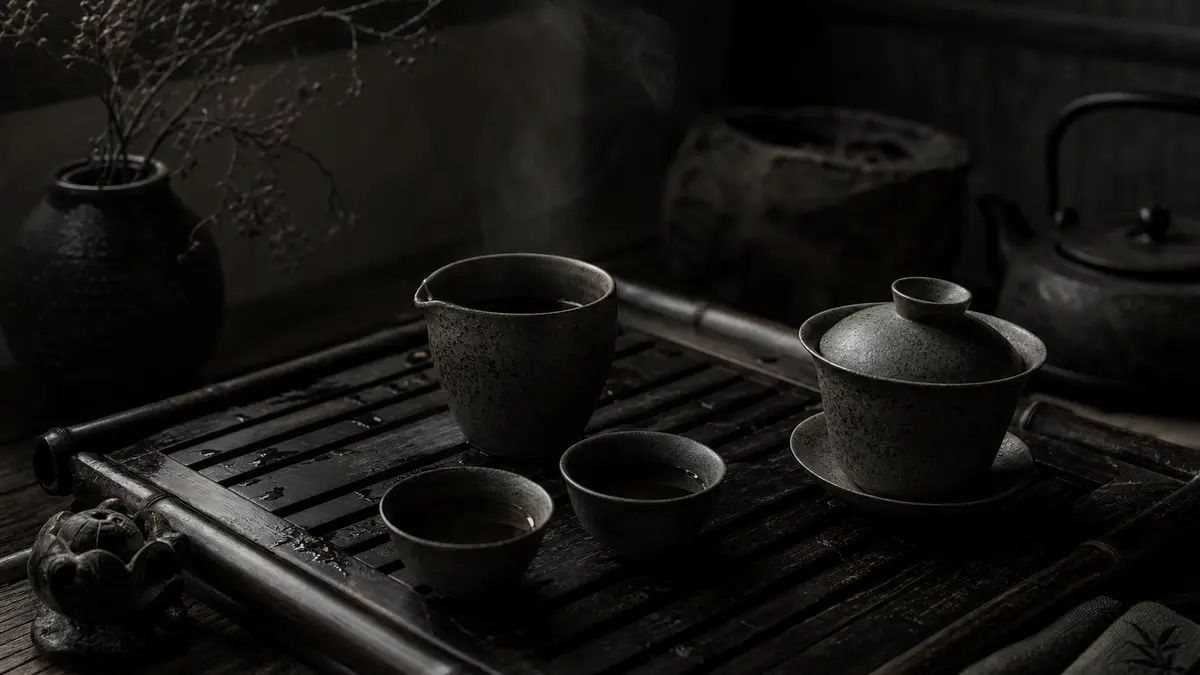 Dark atmospheric editorial tea photograph, traditional gongfu tea tray with multiple small ceramic vessels arranged in d