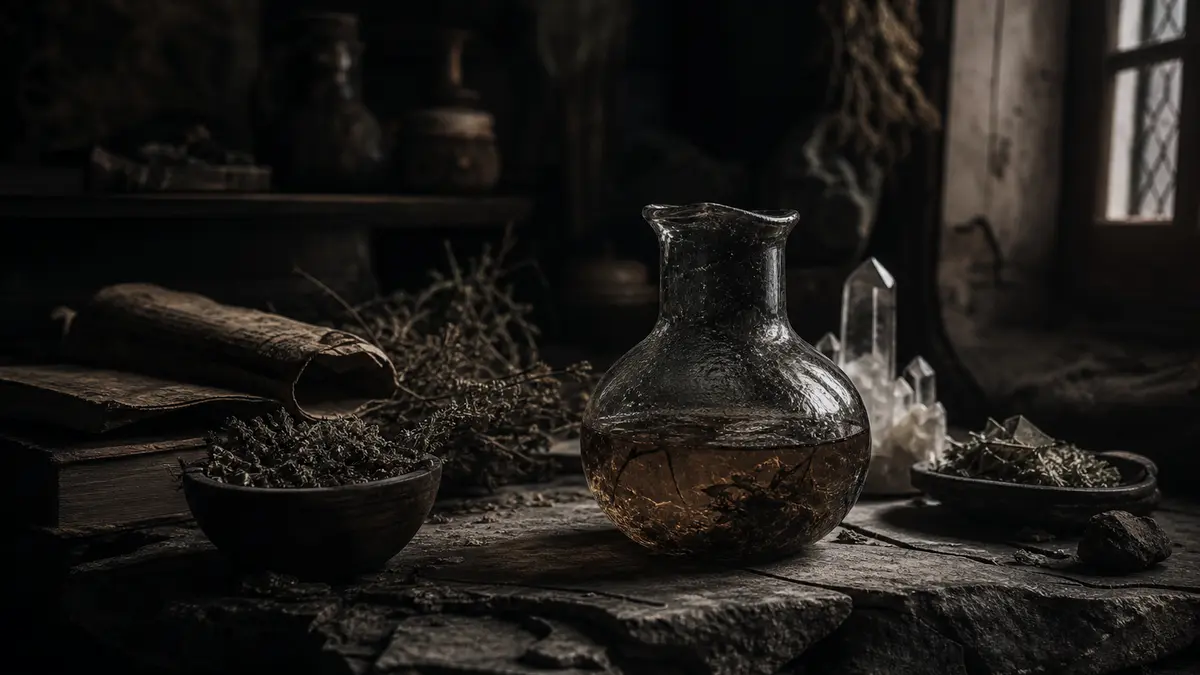 dark atmospheric editorial photograph of a single glass vessel filled with murky amber liquid resting on ancient cracked