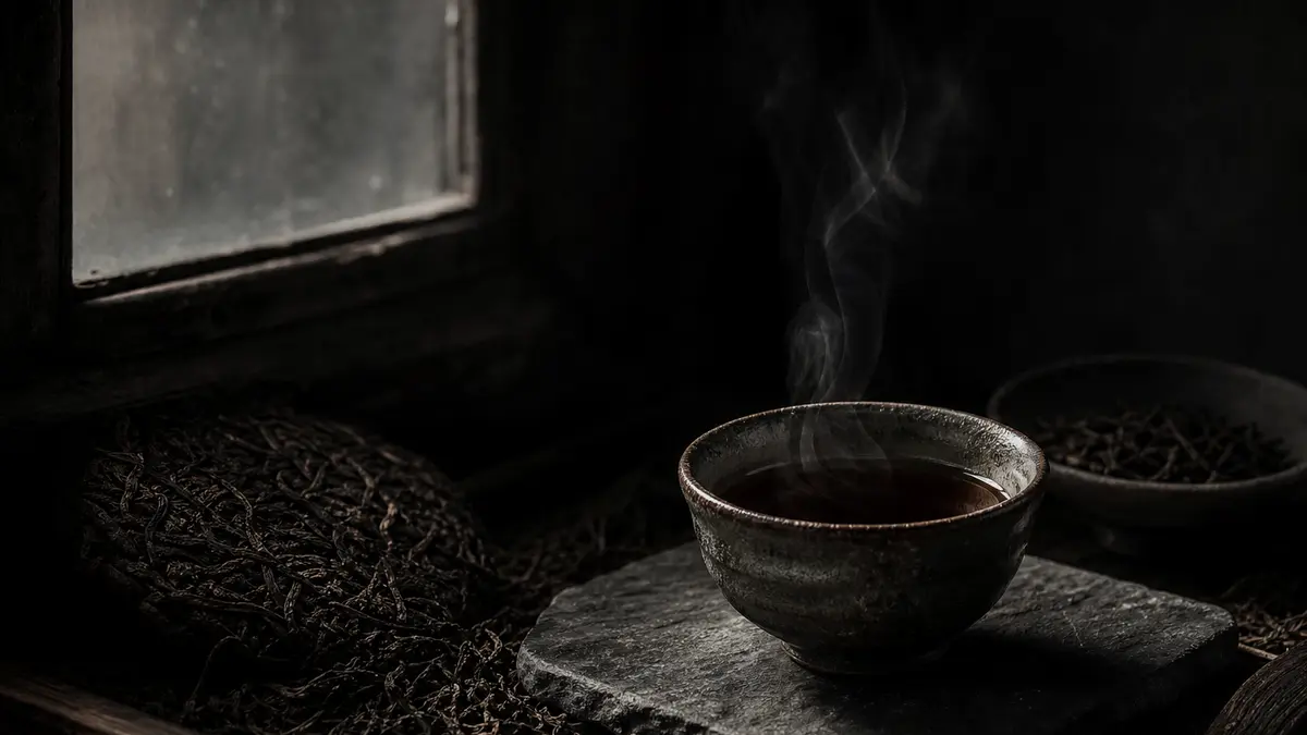 Dark atmospheric editorial photograph of a ceramic teacup filled with deep amber-black brewed pu-erh tea resting on a sl