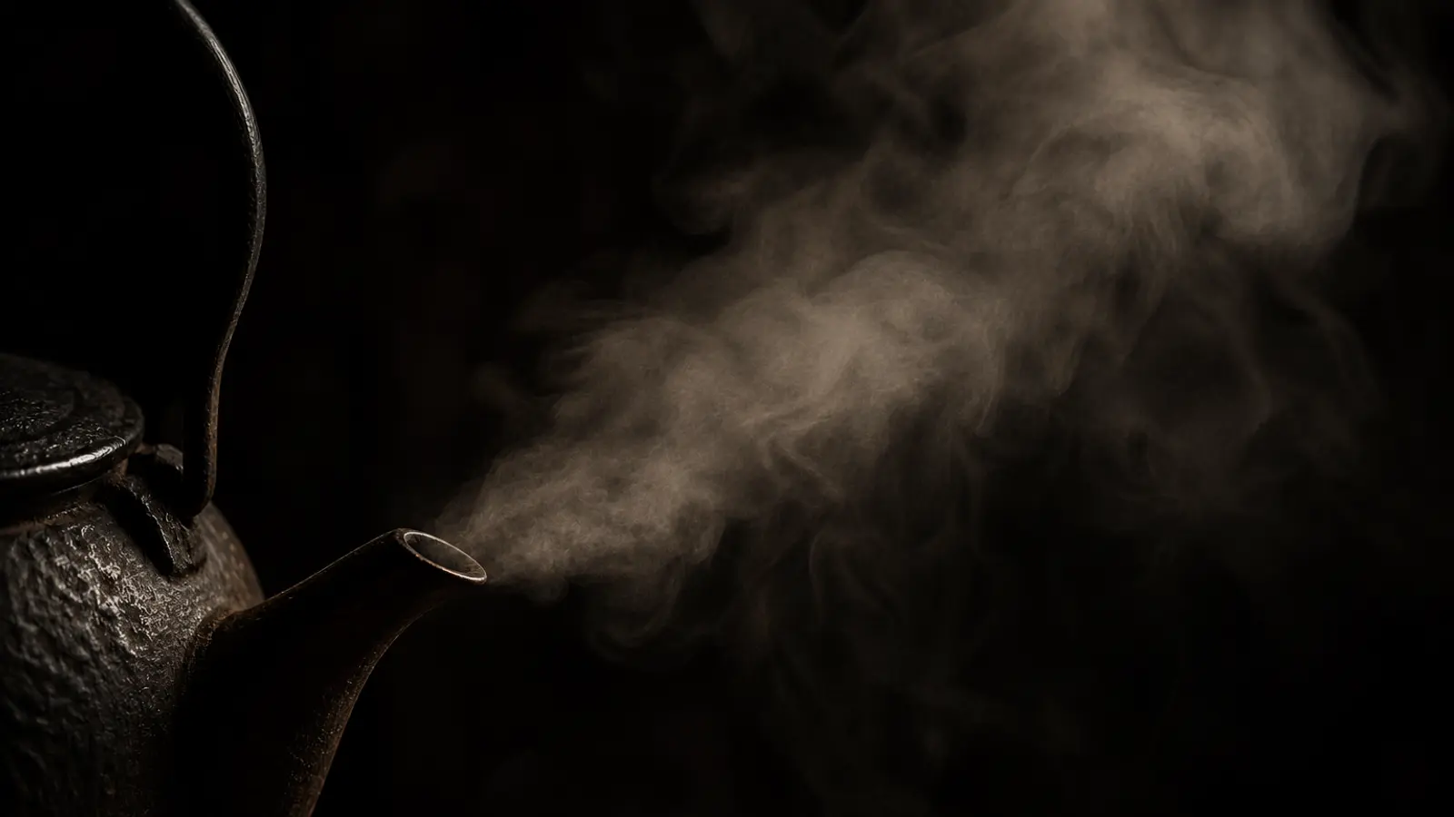 Temperature-controlled electric kettle pouring hot water into a white gaiwan, steam rising, on a dark minimalist surface.