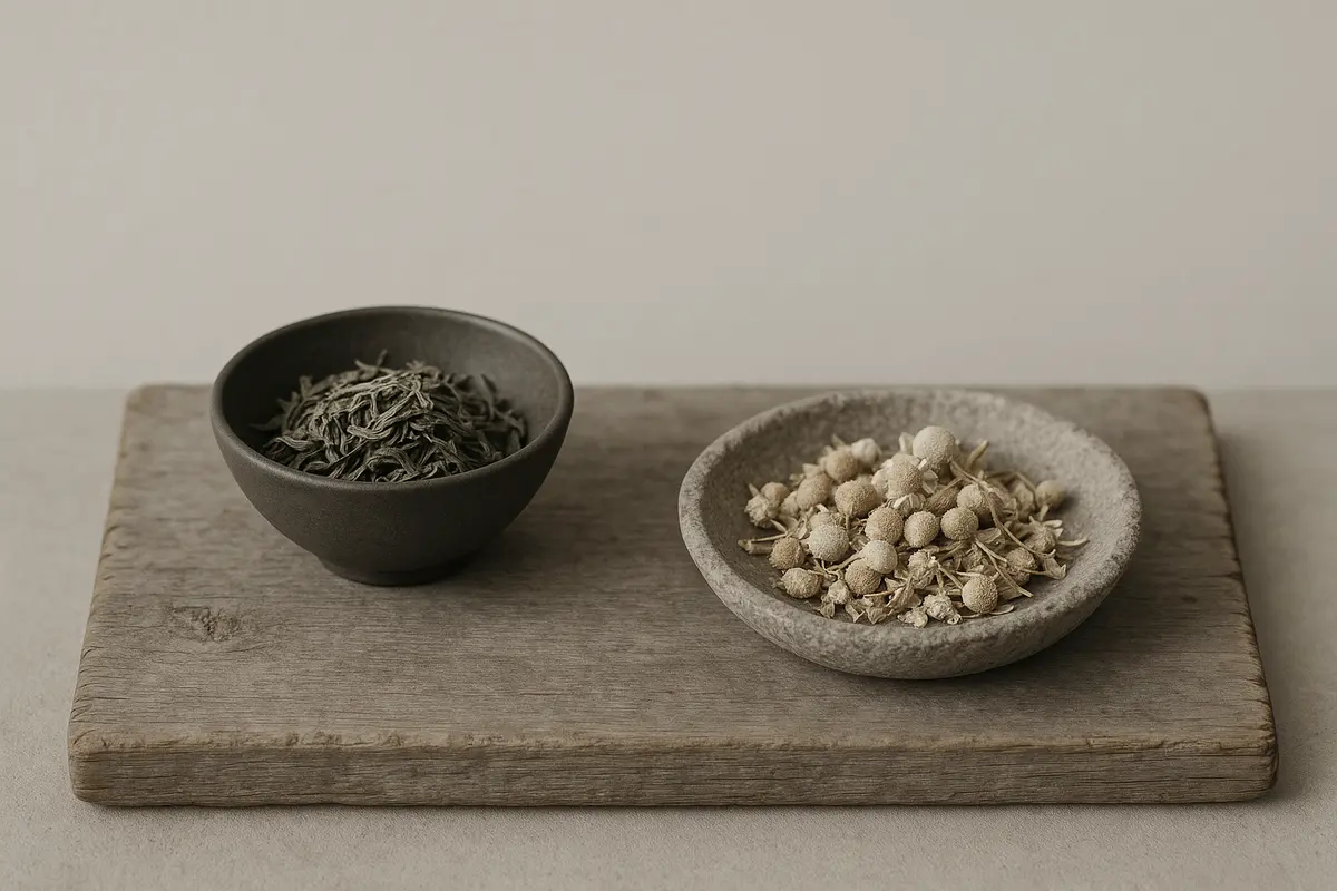 Two grouped tea categories side by side: matcha and green tea leaves versus chamomile and valerian herbs, showing their different origins