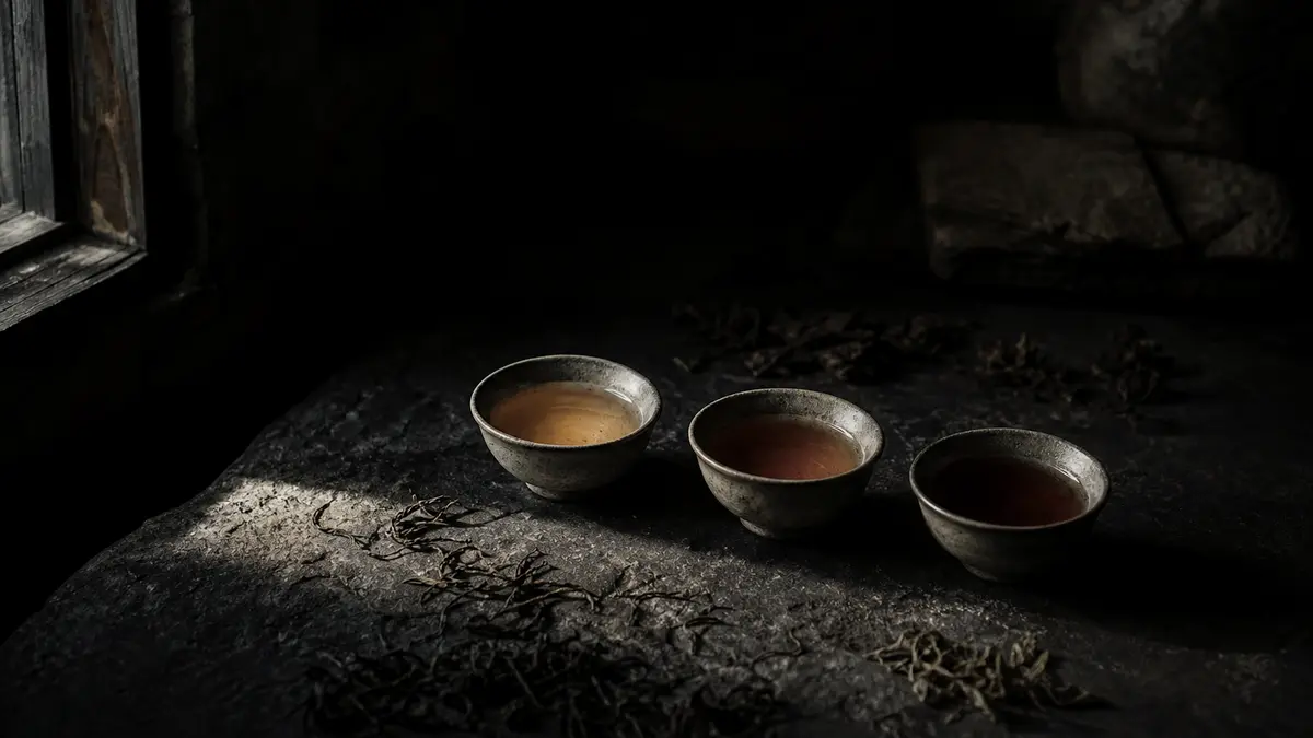 dark atmospheric editorial photograph of three identical small ceramic tea cups arranged on a weathered dark stone surfa