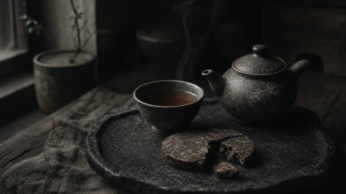 dark atmospheric editorial tea photograph, a small rustic Korean ceramic teapot and a single handleless stoneware cup fi