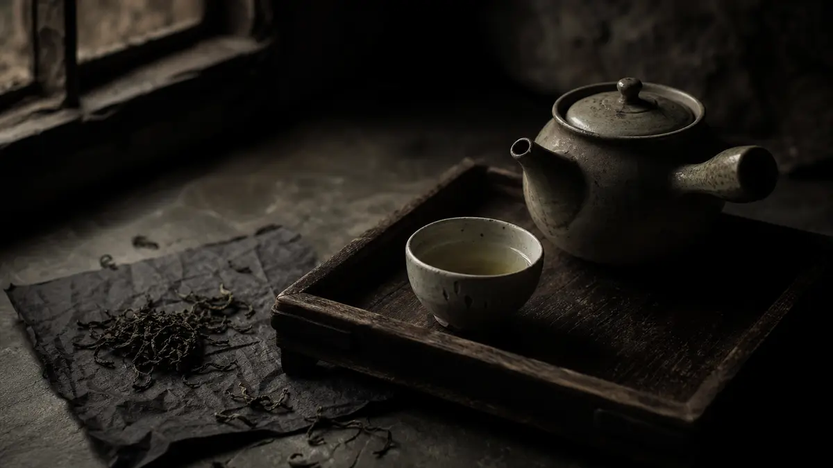 Dark atmospheric editorial tea photograph, an aged wooden tray holding a small traditional Korean ceramic teapot and a s