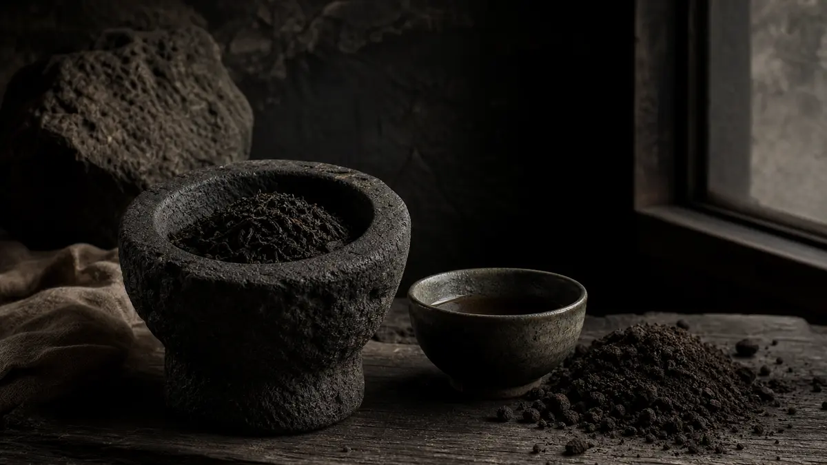 Dark atmospheric editorial tea photograph, a rough-hewn volcanic basalt stone mortar filled with dark roasted Korean tea