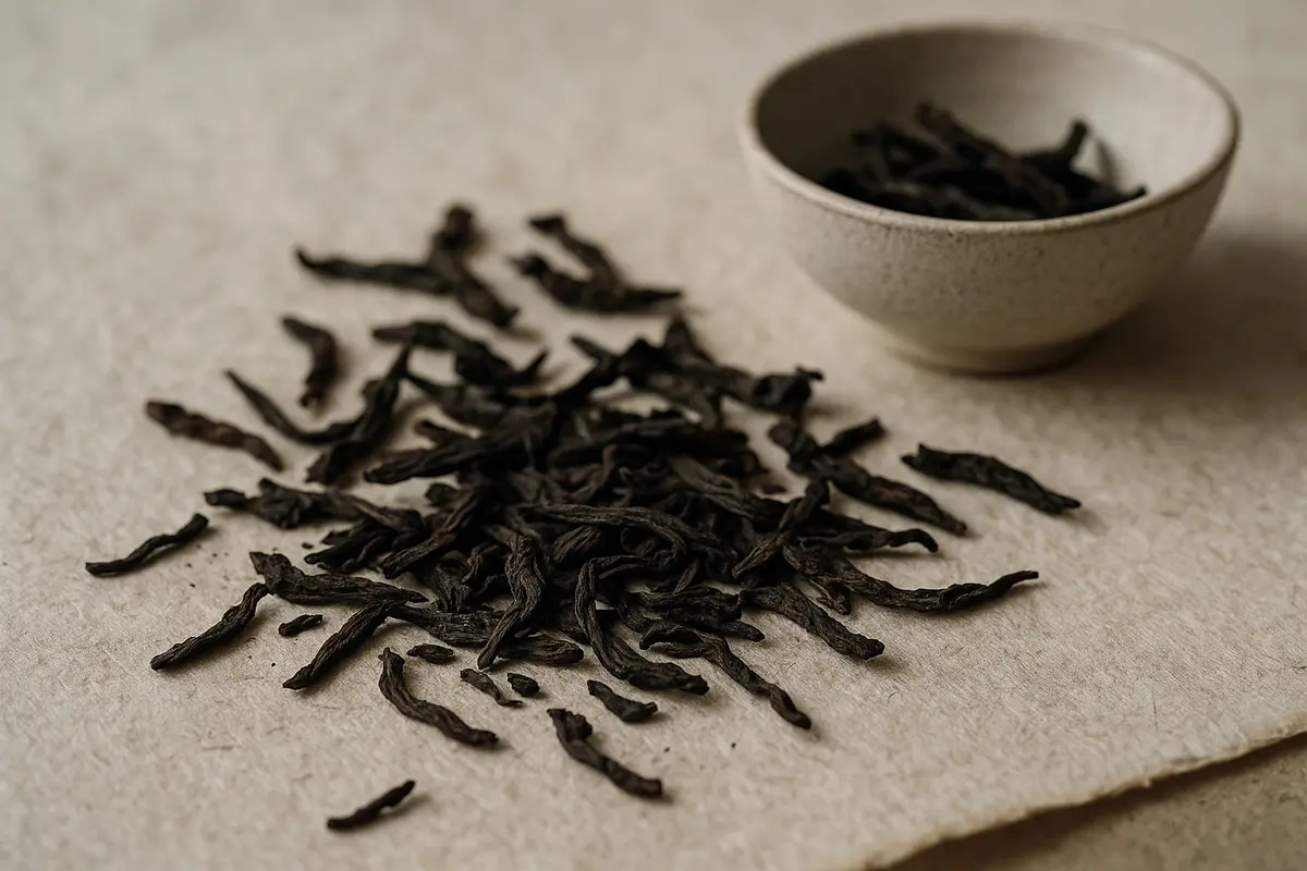 Aged hei cha dark tea leaves scattered on parchment beside a ceramic bowl, lit by warm golden afternoon light