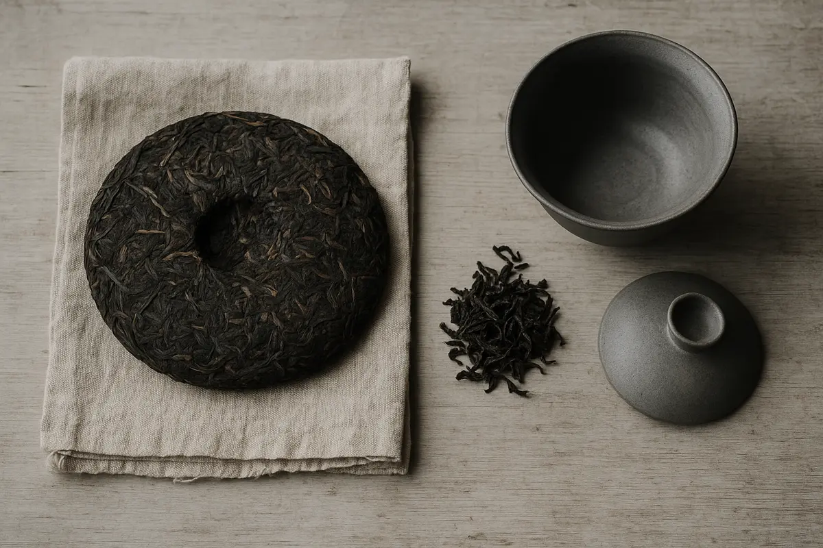 Traditional woven bamboo basket of Liu Bao tea with compressed dark leaves beside a clay cup of amber tea liquor