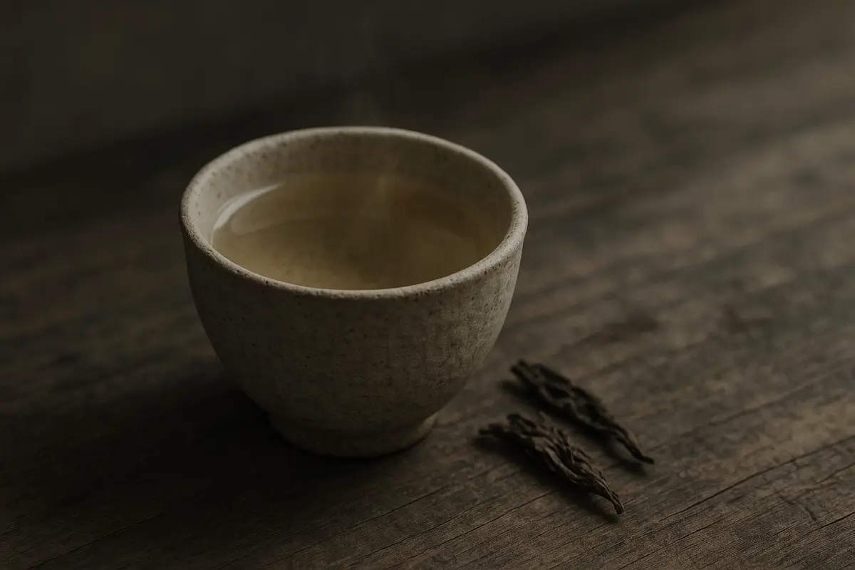 Small ceramic tea cup filled with pale golden tea liquor with steam rising on dark wood surface