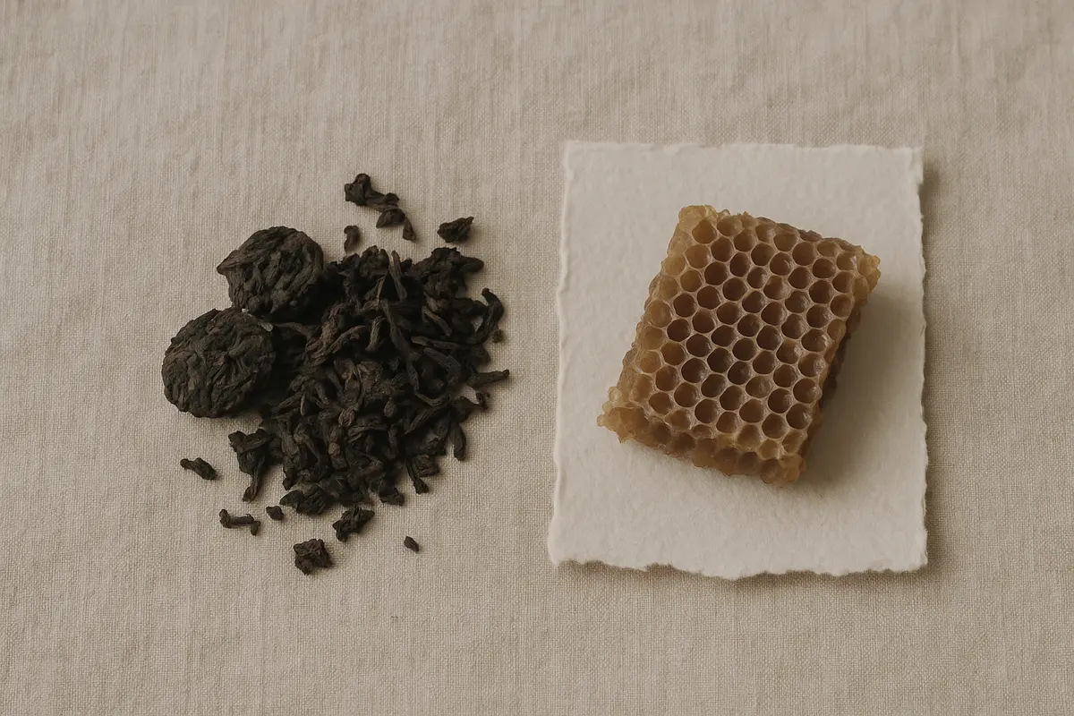 Dried pu-erh tea leaves and honeycomb on a wooden surface illustrating the chemical relationship between bitterness and returning sweetness