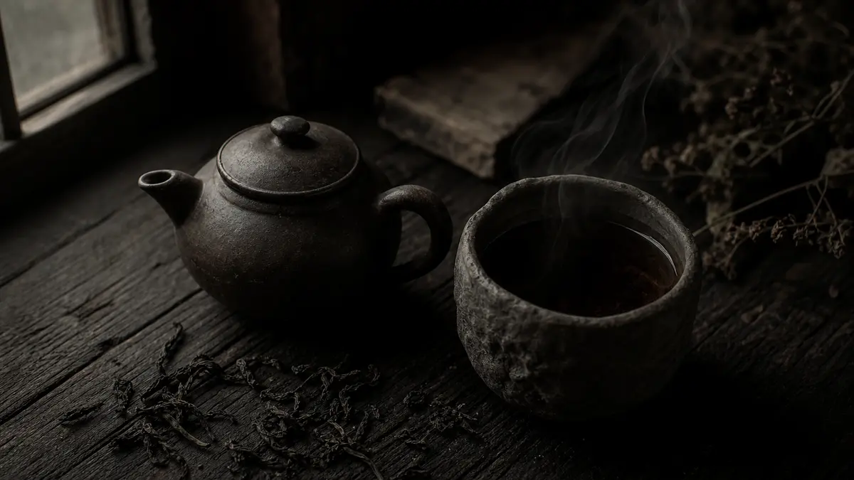 dark atmospheric editorial tea photograph, small aged clay teapot beside a rough stone tea bowl filled with brewed wild 