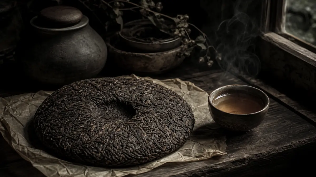 Dark atmospheric editorial tea photograph, a rough-textured aged pu-erh cake resting on a weathered dark wooden surface,