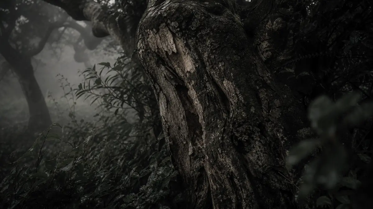 Dark atmospheric editorial tea photograph, ancient gnarled tea tree trunk with thick textured bark filling the frame, de