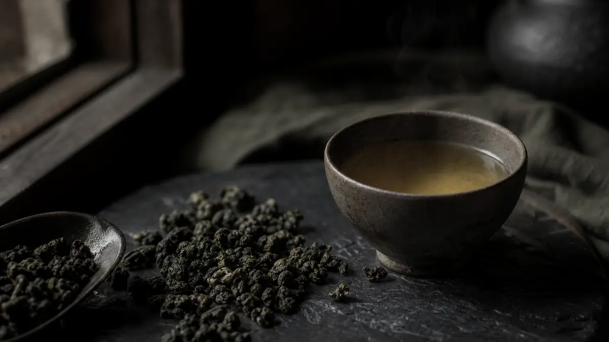 Dark atmospheric editorial tea photograph, a small clay teacup filled with pale golden-green oolong tea beside tightly r