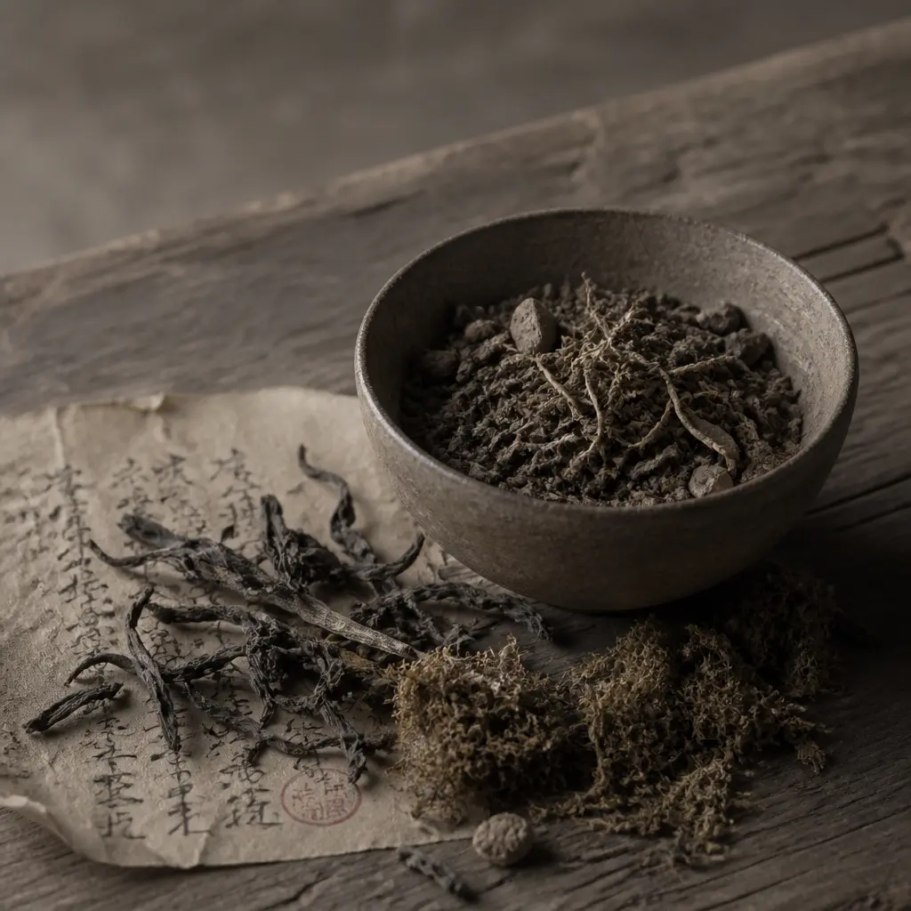 muted desaturated editorial tea photography, aged parchment warmth, faded tonal colors, soft diffused overcast light, cl