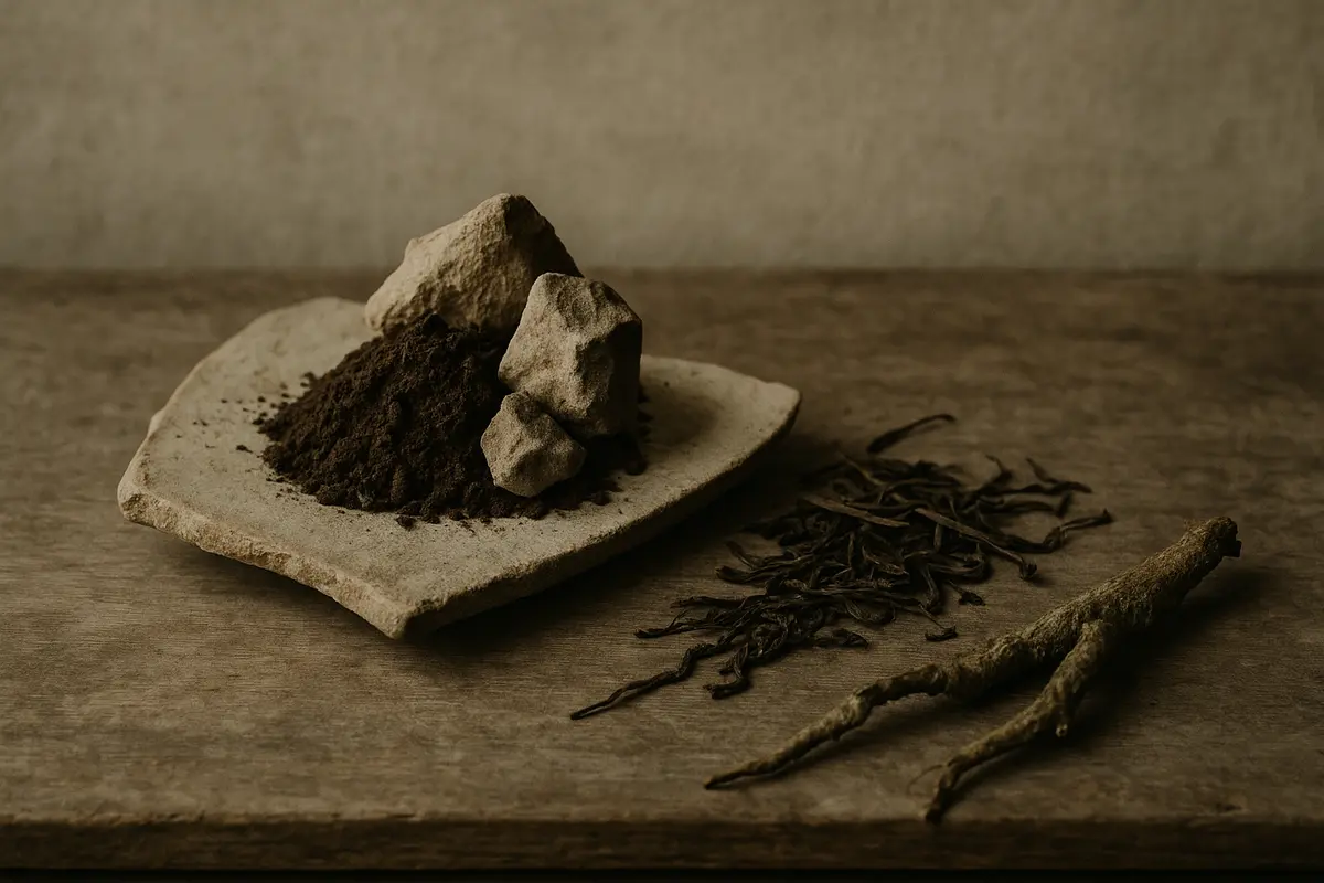 Close-up editorial still life of dark rich mountain soil and weathered stone fragments arranged on aged unglazed ceramic