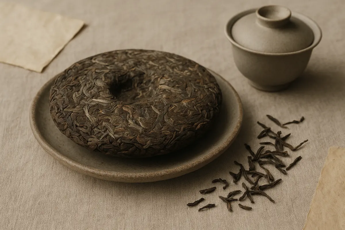 A rustic ceramic gaiwan and small clay teacup filled with amber golden tea liquor, surrounded by dried pu-erh tea leaves