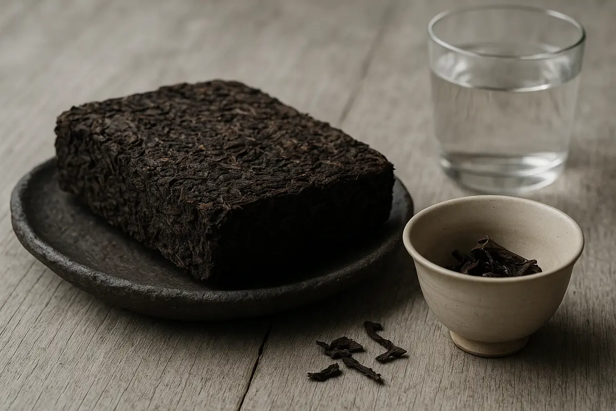 Close-up of aged Liu Bao dark tea leaves loosely scattered on a weathered wooden surface beside a small clay teapot, war