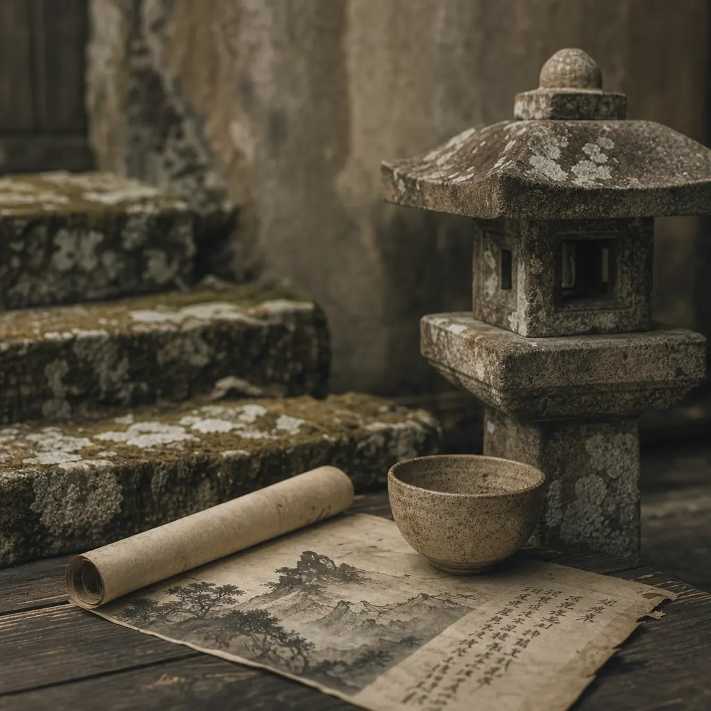 muted desaturated editorial tea photography, aged parchment warmth, faded tonal colors, soft diffused overcast light, an
