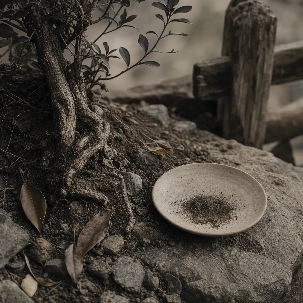 muted desaturated editorial tea photography, aged parchment warmth, faded tonal colors, soft diffused overcast light, cl