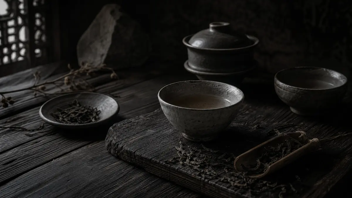 dark atmospheric editorial tea photograph, a worn wooden table displaying traditional Korean ceramic tea bowls beside lo