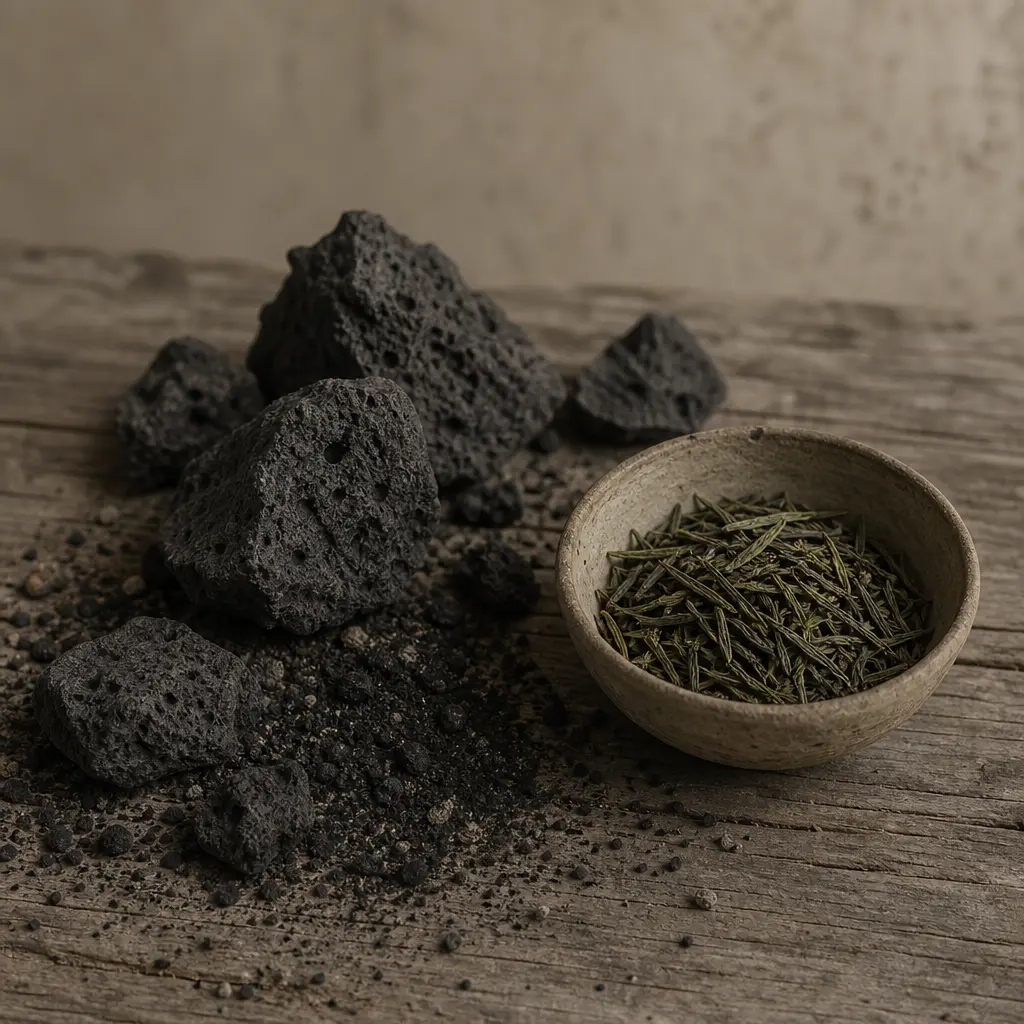 Close-up editorial still life of dark volcanic basalt rock fragments and coarse black volcanic soil scattered on an aged