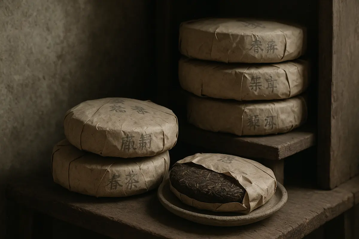 Muted desaturated editorial tea photography, aged parchment warmth, faded tonal colors, soft diffused overcast light. Se