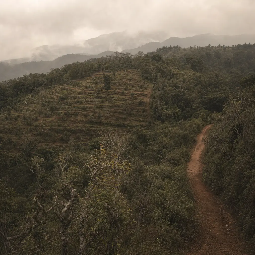 Misty Bulang Mountain highland terrain with ancient tea trees growing among native forest on red laterite soil