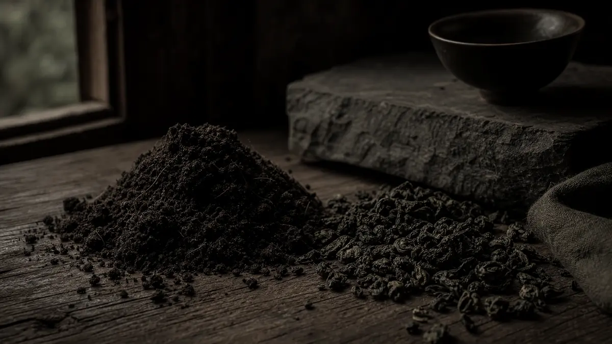 Dark atmospheric editorial tea photograph, a small mound of rich dark mountain soil beside loose-leaf oolong tea leaves
