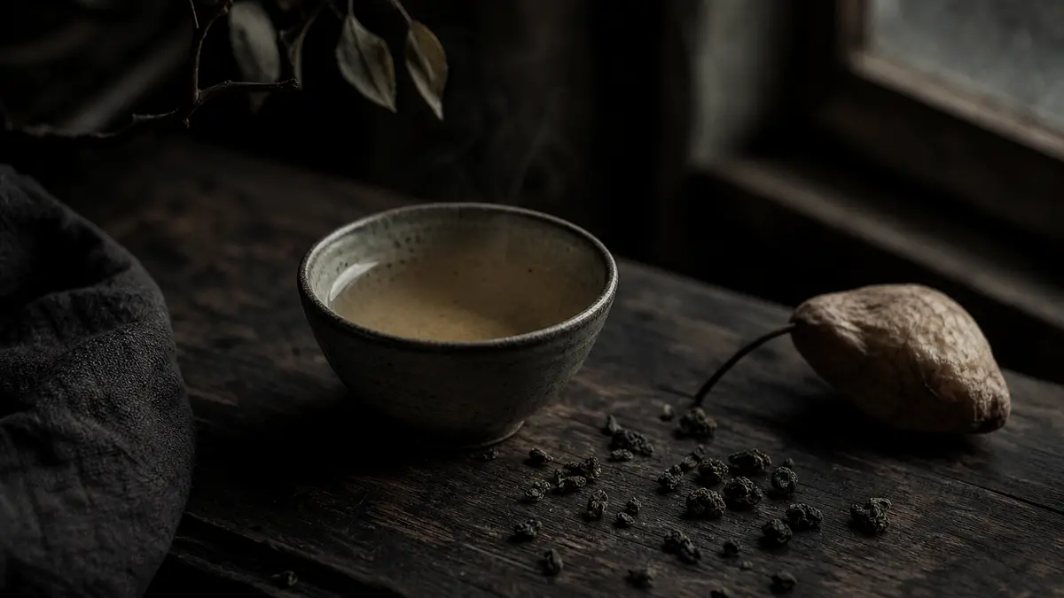 Dark atmospheric editorial tea photograph, a single ceramic cup of pale golden oolong tea on a weathered dark wood table