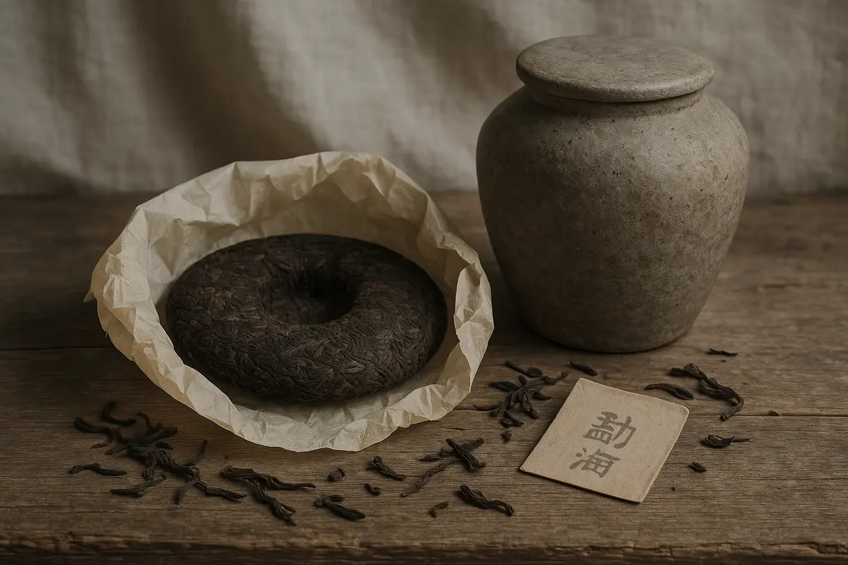 A shallow ceramic bowl filled with freshly brewed golden-amber pu-erh tea, steam rising gently, placed on a weathered wo