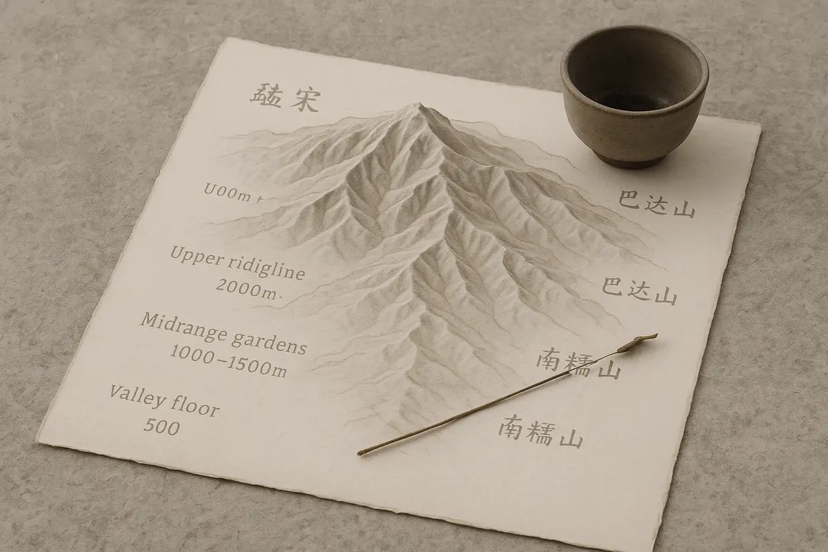Large loosely pressed pu-erh tea cake resting on a rough linen cloth beside a small pile of dried maocha loose leaves, w