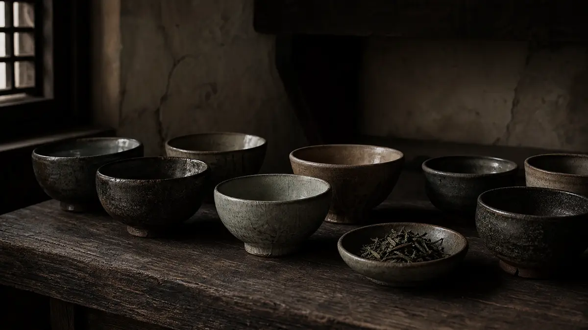 dark atmospheric editorial tea photograph, an arrangement of traditional Korean handcrafted tea bowls in various earth-t