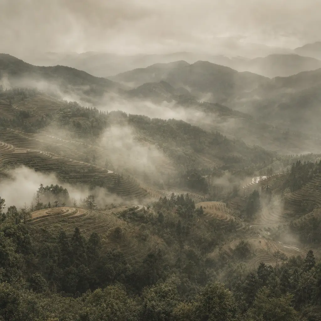 Misty layered hillsides of Nannuo Mountain in Menghai County, Yunnan, showing old-growth forest and terraced tea gardens