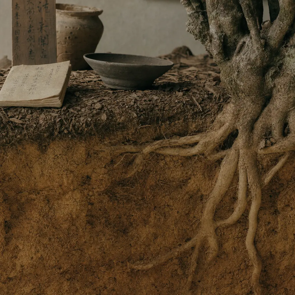 Yellow laterite clay soil profile beneath ancient tea tree roots on Nannuo Mountain, showing deep subsoil layers and forest litter