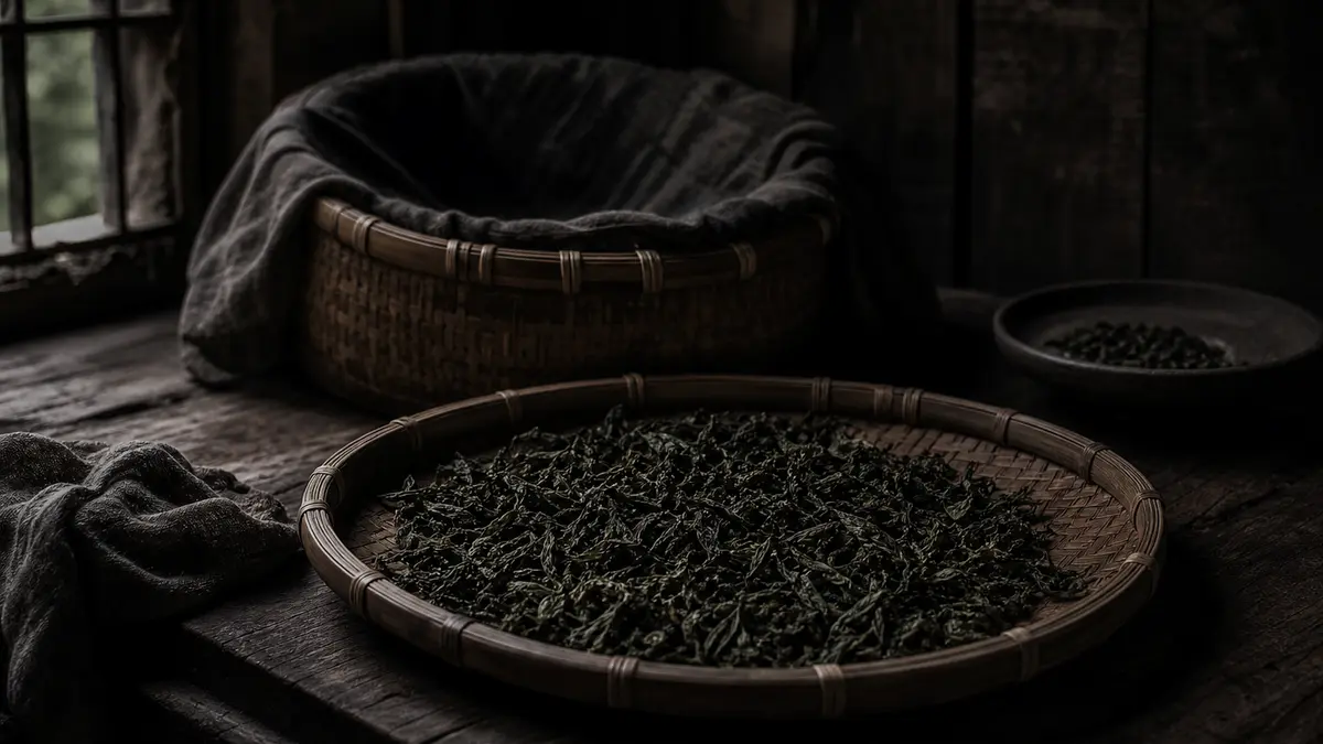 dark atmospheric editorial tea photograph, a weathered bamboo tray holding partially oxidized oolong tea leaves mid-proc