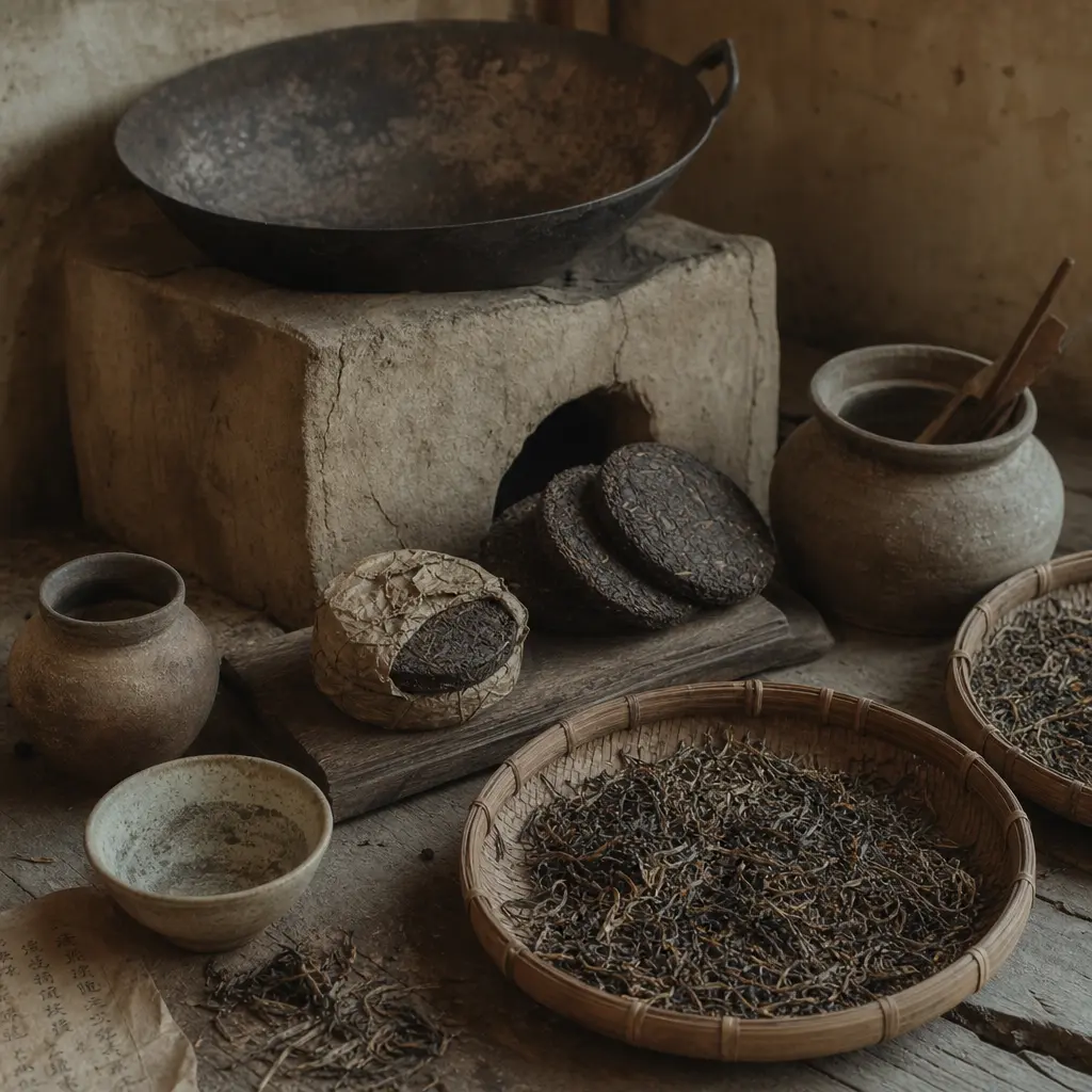 muted desaturated editorial tea photography, aged parchment warmth, faded tonal colors, soft diffused overcast light, ag