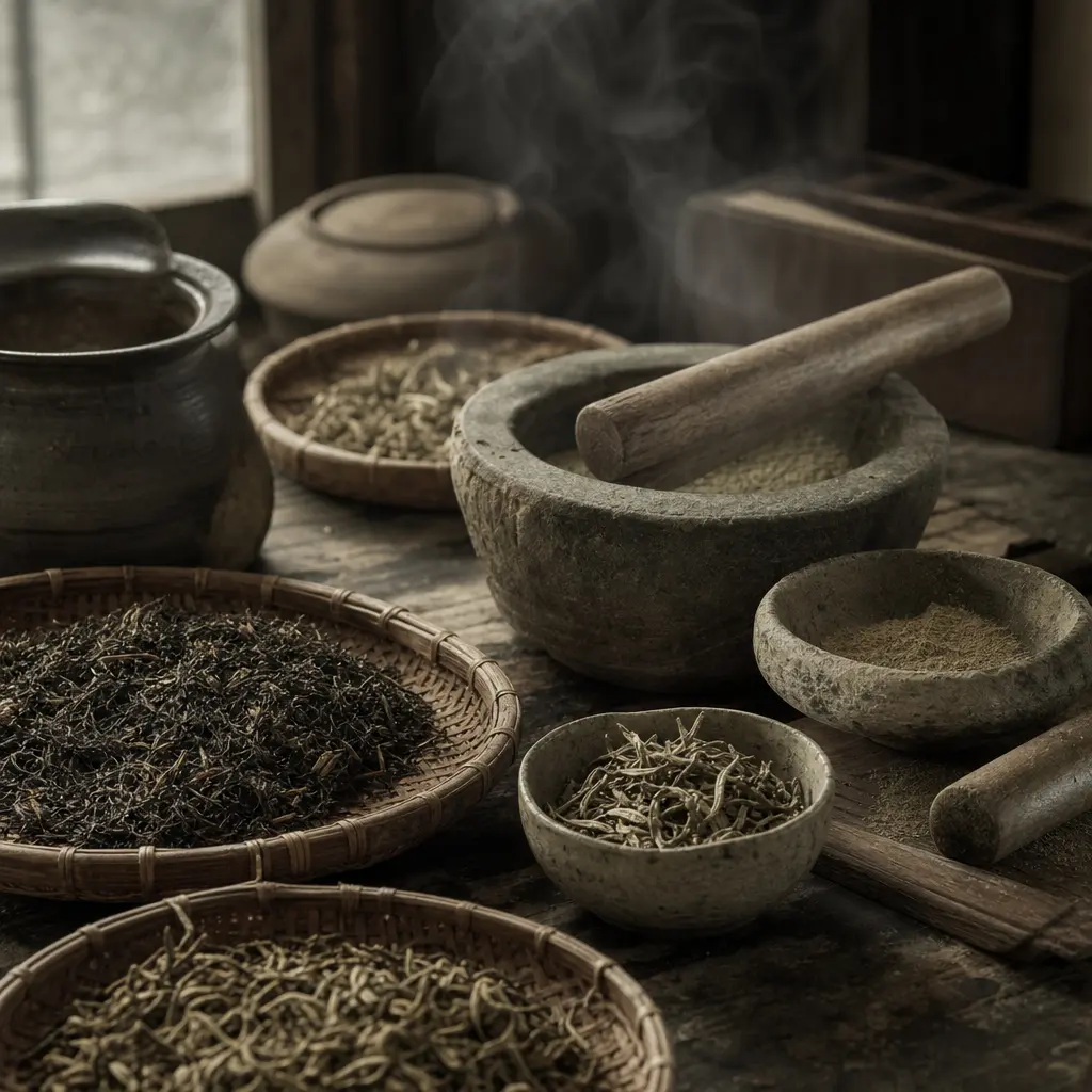 muted desaturated editorial tea photography, aged parchment warmth, faded tonal colors, soft diffused overcast light, tr