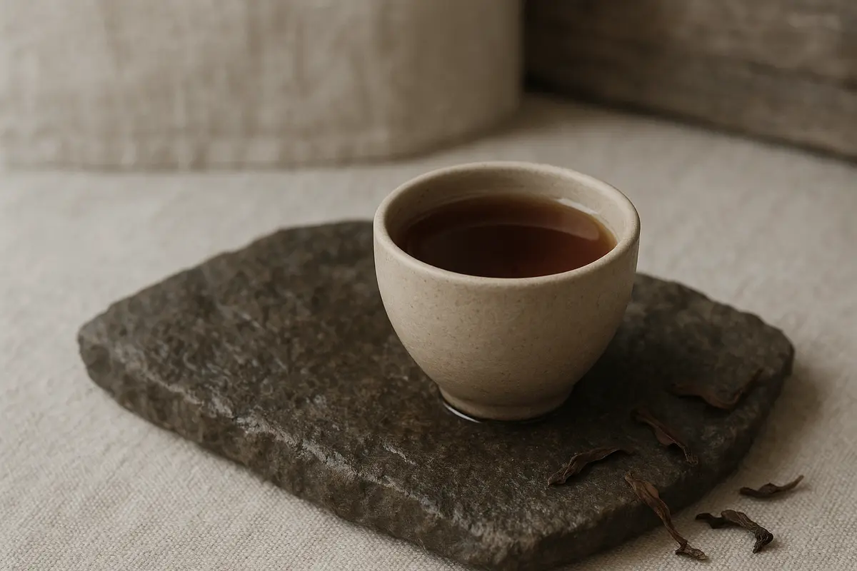 A warm editorial flat lay of several small ceramic tea bowls each holding a different variety of dry Wuyi oolong tea lea