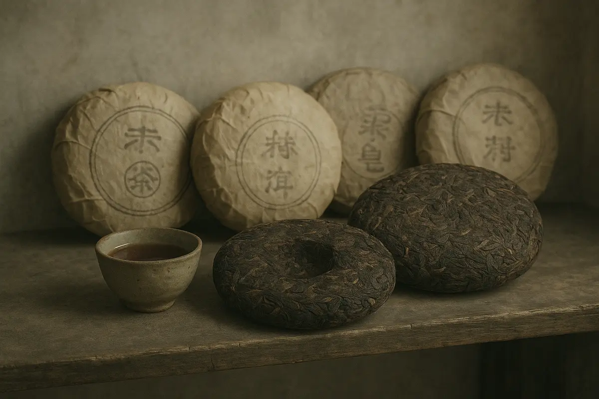Muted desaturated editorial tea photography, aged parchment warmth, faded tonal colors, soft diffused overcast light. Se